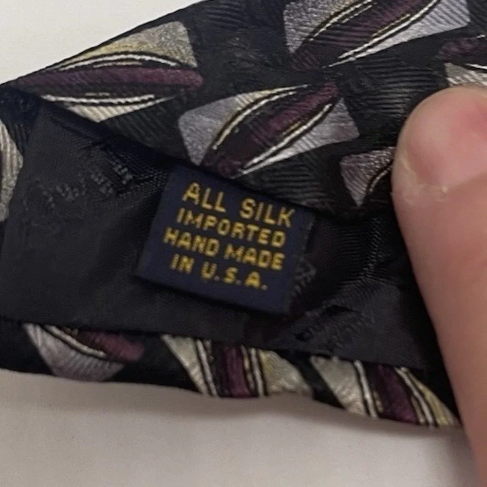 XMI Mens Silk Tie Geometric Black Purple Silver‎ Handmade USA Wide Necktie 59x4